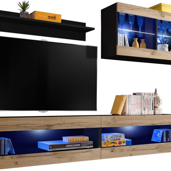  Set, Möbel, Tivoli SET6, Schwarz/Wotan,
  Breite 200cm x Höhe 195cm x Tiefe 35cm, LED Blau, für Wohnzimmer,
  Schlafzimmer