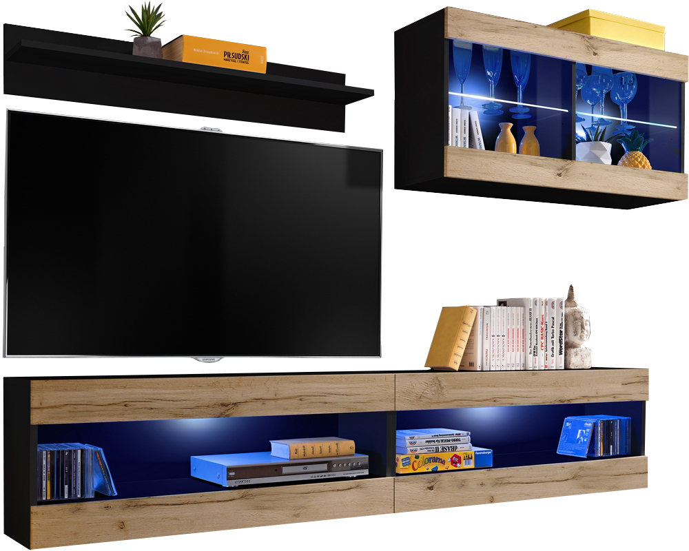  Set, Möbel, Tivoli SET6, Schwarz/Wotan,
  Breite 200cm x Höhe 195cm x Tiefe 35cm, LED Blau, für Wohnzimmer,
  Schlafzimmer