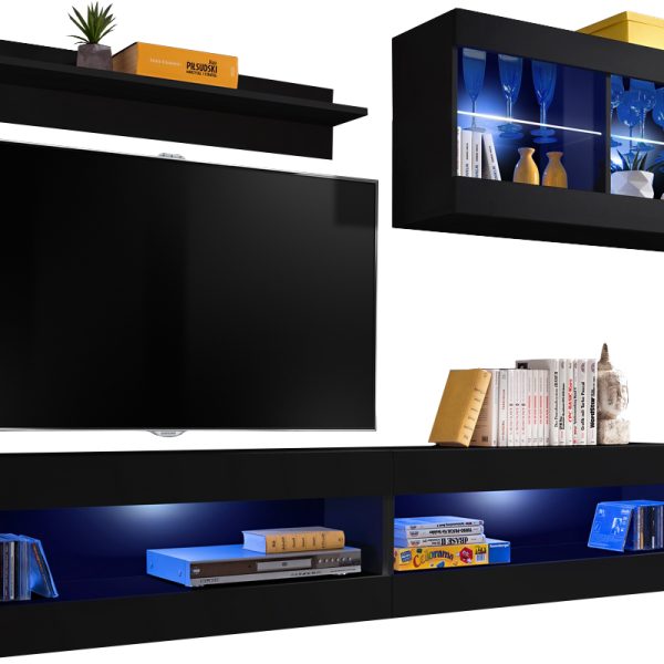  Set, Möbel, Tivoli SET6, Schwarz/Schwarz,
  Breite 200cm x Höhe 195cm x Tiefe 35cm, LED Blau, für Wohnzimmer,
  Schlafzimmer