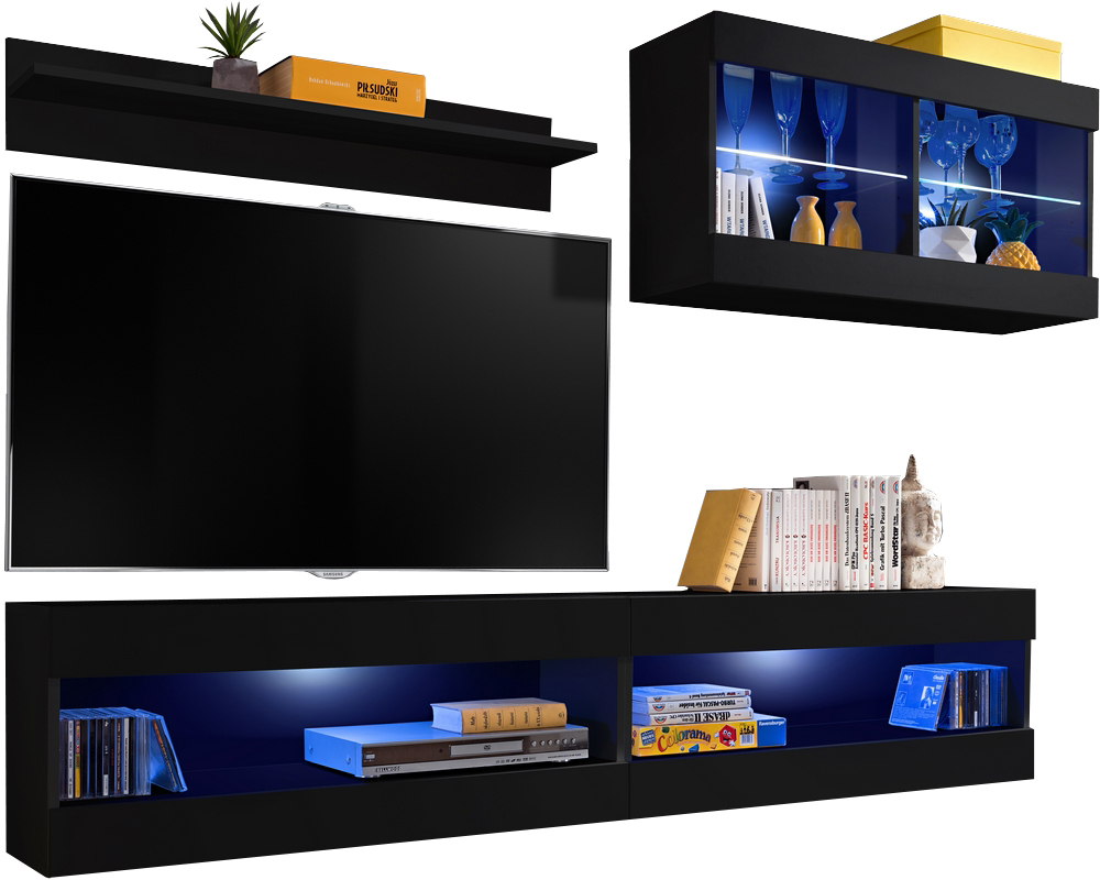  Set, Möbel, Tivoli SET6, Schwarz/Schwarz,
  Breite 200cm x Höhe 195cm x Tiefe 35cm, LED Blau, für Wohnzimmer,
  Schlafzimmer