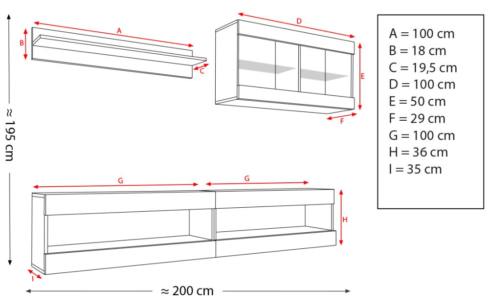  Set, Möbel, Tivoli SET6, Schwarz/Schwarz,
  Breite 200cm x Höhe 195cm x Tiefe 35cm, LED Blau, für Wohnzimmer,
  Schlafzimmer – Bild 2