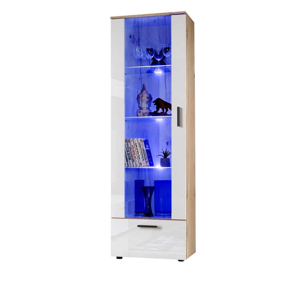Alessandria Stehendes Display, Weiß/Wotan LED Beleuchtung Blau