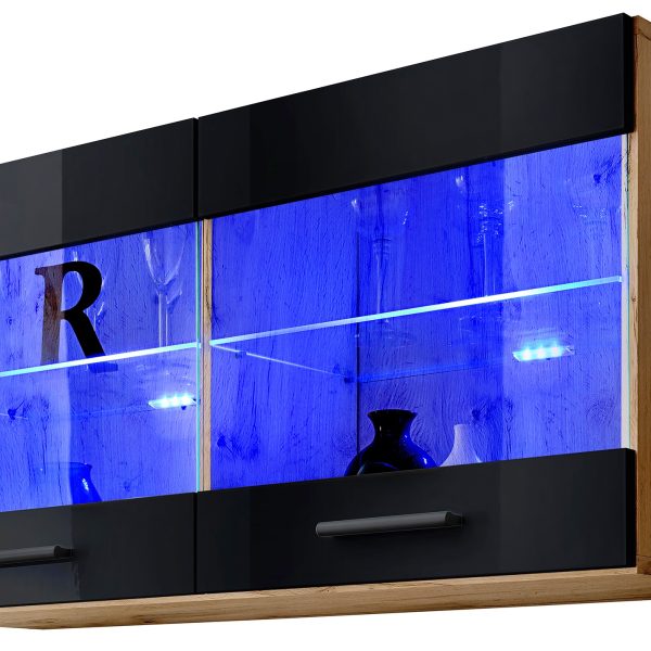Savona Hängendes Regal, Schwarz/Wotan LED Beleuchtung Blau