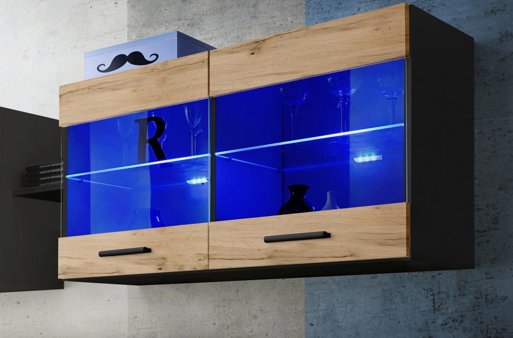 Savona Hängendes Regal, Wotan/Schwarz LED Beleuchtung Blau – Bild 4