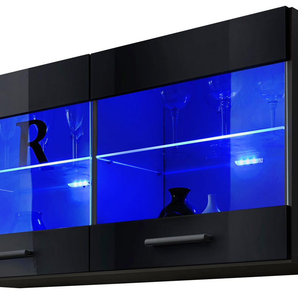 Savona Hängendes Regal, Schwarz/Schwarz LED Beleuchtung Blau