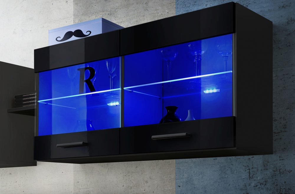 Savona Hängendes Regal, Schwarz/Schwarz LED Beleuchtung Blau – Bild 4