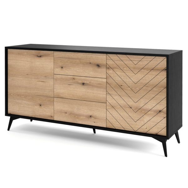 Jasper KSZ154 – Kommode, Evoke Eiche, schwarz, Breite 154 cm, Höhe 77 cm, Tiefe 39 cm