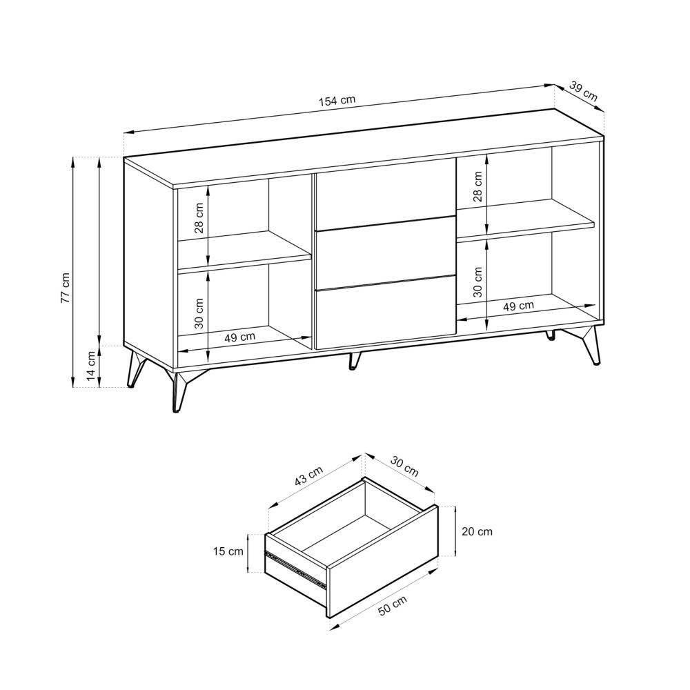 Jasper KSZ154 – Kommode, Evoke Eiche, schwarz, Breite 154 cm, Höhe 77 cm, Tiefe 39 cm – Bild 2