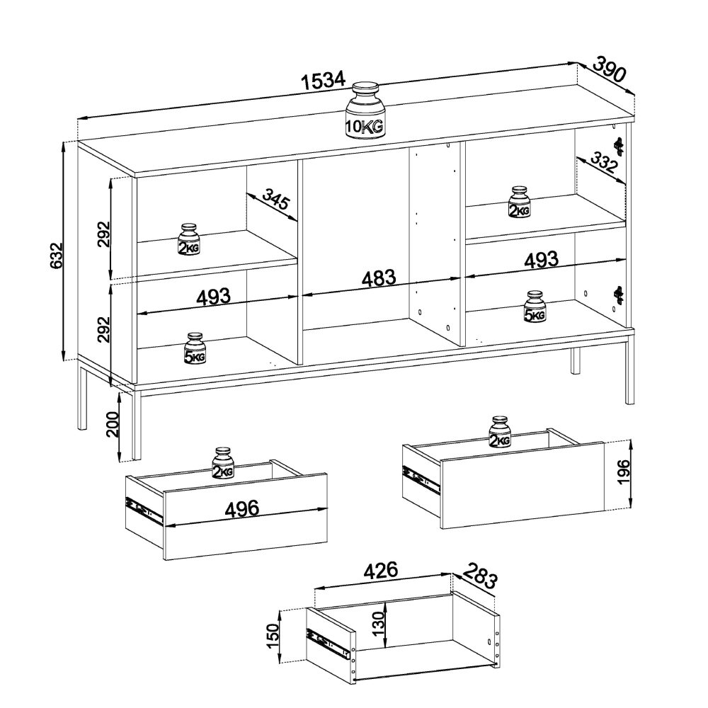 Laval KSZ154 – Kommode, Wotan-Eiche, schwarz mit Lamellen, Breite 154 cm, Höhe 83 cm, Tiefe 39 cm – Bild 2