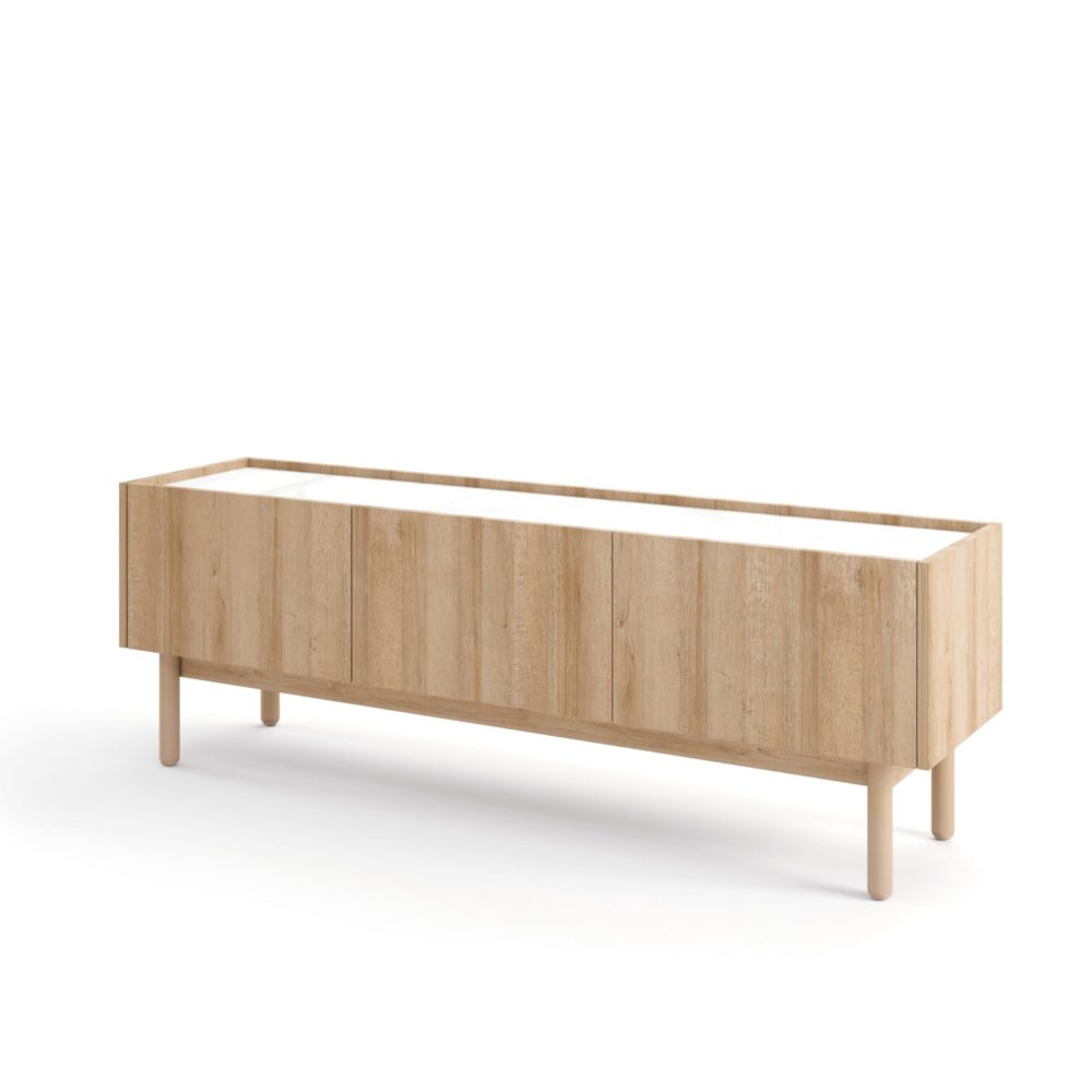 TV-Schrank, Revelstoke RTV144, Riviera-Eiche, Bianco-Marmor, Breite 144 cm, Höhe 48 cm, Tiefe 37 cm
