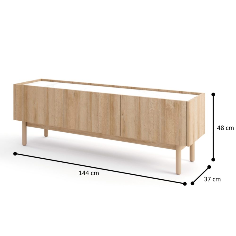 TV-Schrank, Revelstoke RTV144, Riviera-Eiche, Bianco-Marmor, Breite 144 cm, Höhe 48 cm, Tiefe 37 cm – Bild 2