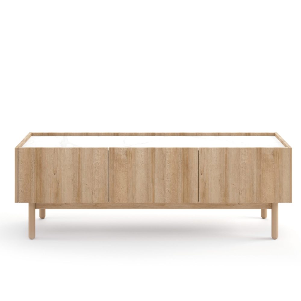 TV-Schrank, Revelstoke RTV144, Riviera-Eiche, Bianco-Marmor, Breite 144 cm, Höhe 48 cm, Tiefe 37 cm – Bild 3