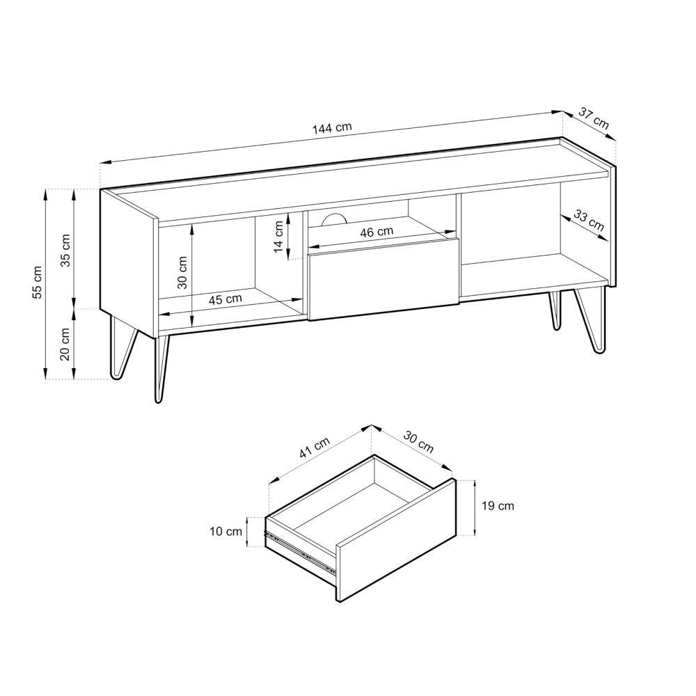 TV-Schrank Canmore 144 cm – schwarz graphit, marmor schwarz – Breite 144 cm, Höhe 55 cm, Tiefe 37 cm – Bild 2
