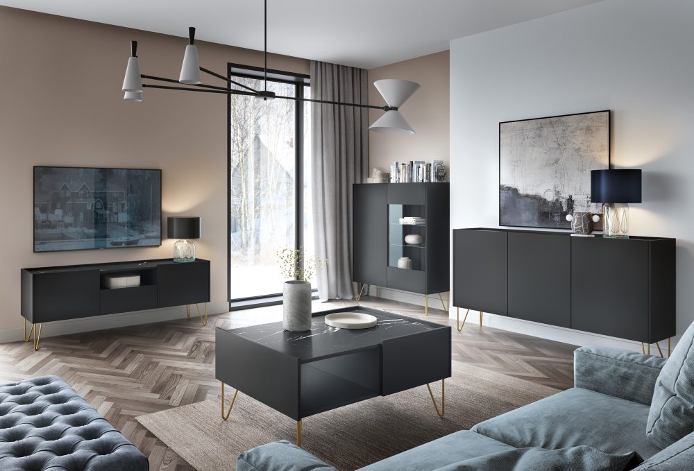 TV-Schrank Canmore 144 cm – schwarz graphit, marmor schwarz – Breite 144 cm, Höhe 55 cm, Tiefe 37 cm – Bild 4