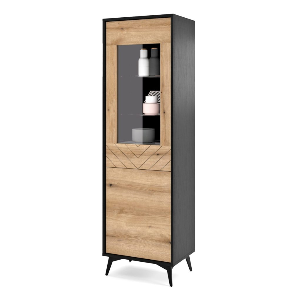 Jasper W54 Glastürenschrank – Evoke Glastürschrank aus Eiche, schwarz, Breite 54 cm, Höhe 178 cm, Tiefe 39 cm