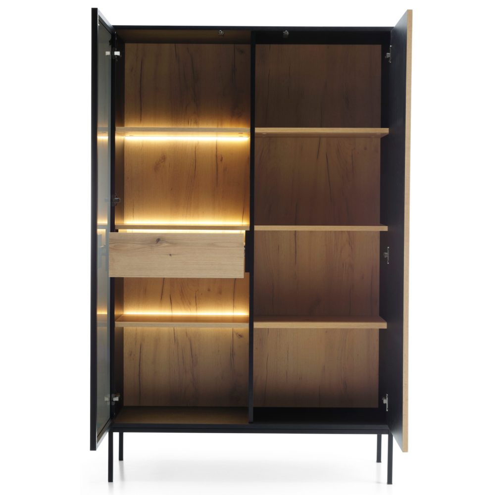 Laval WTSZ104 – Vitrine mit LED-Beleuchtung, schwarz, Eiche Wotan, Lamelle, Breite 104 cm, Höhe 166 cm, Tiefe 39 cm – Bild 3