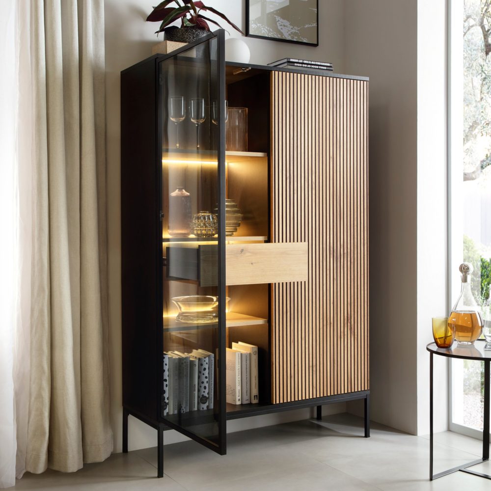 Laval WTSZ104 – Vitrine mit LED-Beleuchtung, schwarz, Eiche Wotan, Lamelle, Breite 104 cm, Höhe 166 cm, Tiefe 39 cm – Bild 6