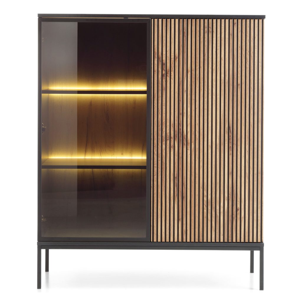 Laval WT104 – LED-Beleuchtungsschrank, Wotan Eiche, Schwarz, Breite 104 cm, Höhe 126 cm, Tiefe 39 cm – Bild 6