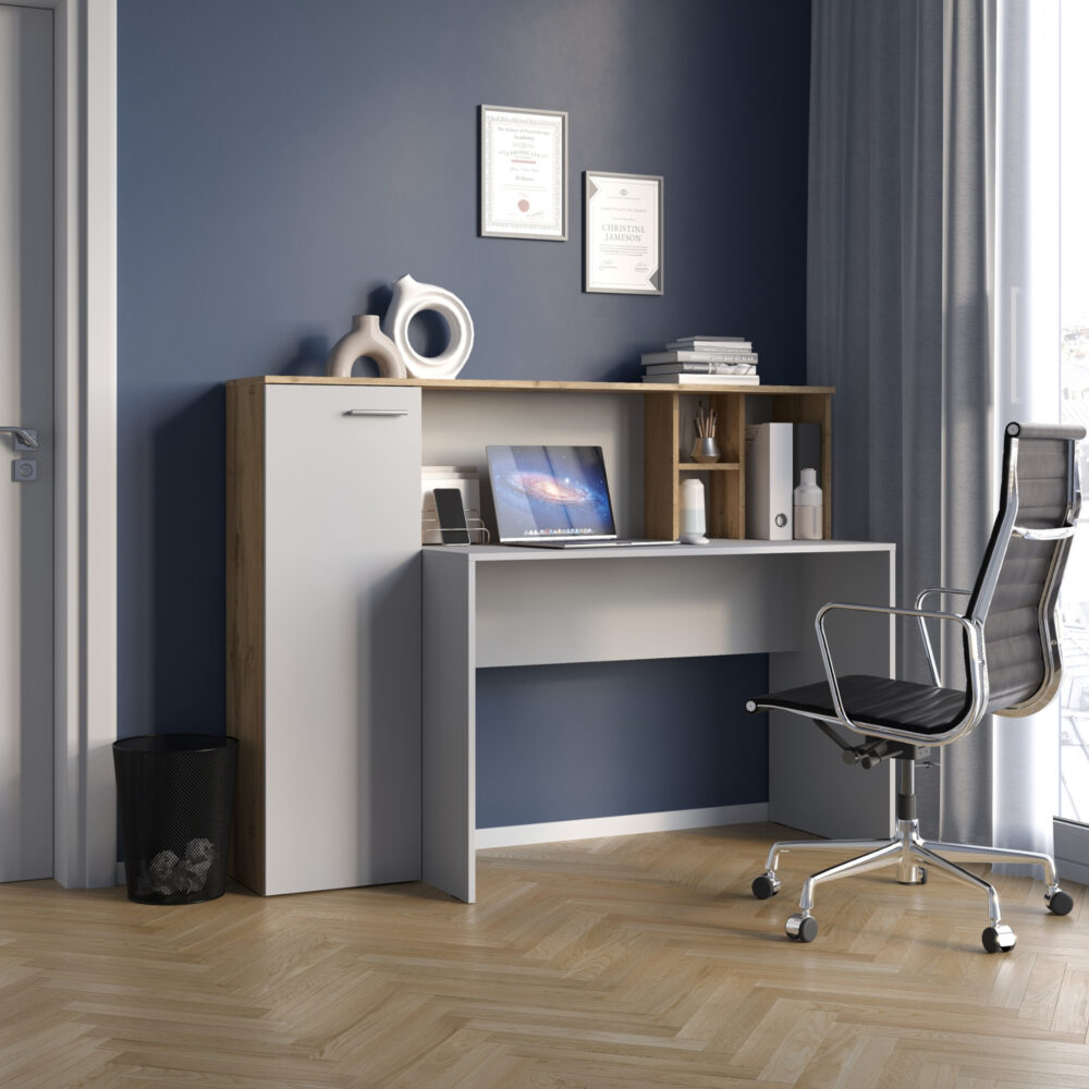 Schreibtisch FAUSKE – Geräumig – Mit Schrank – Eiche Wotan/Weiß – 153×116×54 cm – Bild 2