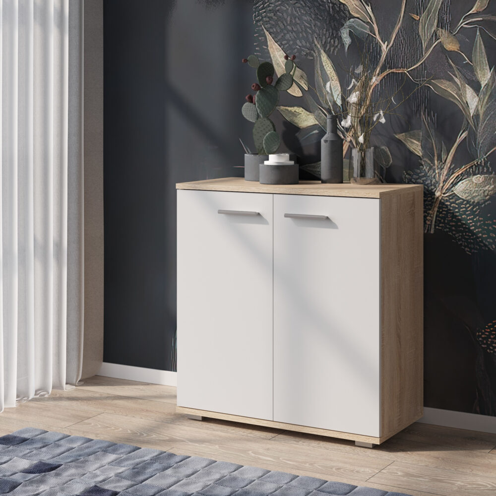 Kommode FAUSKE – Geräumig – 2-türig – Sonoma-Eiche/Weiß – 69×74×34 cm – Bild 2