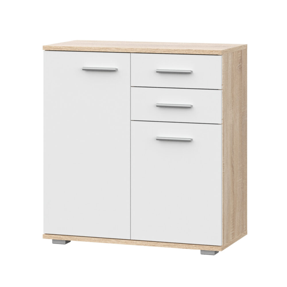 Kommode FAUSKE - 2 Schubladen - 2 Türen - Sonoma-Eiche - Weiß - 69×74×34 cm