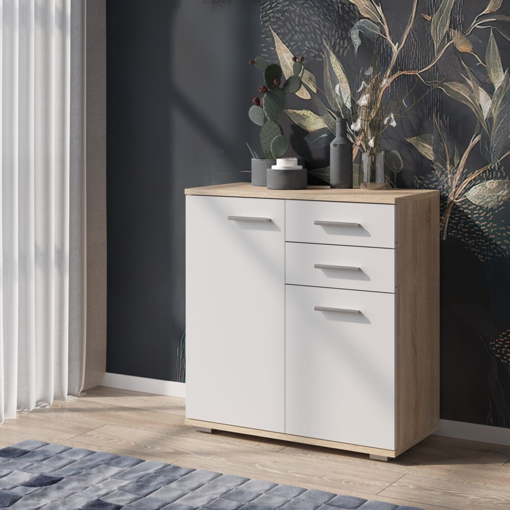 Kommode FAUSKE - 2 Schubladen - 2 Türen - Sonoma-Eiche - Weiß - 69×74×34 cm – Bild 2