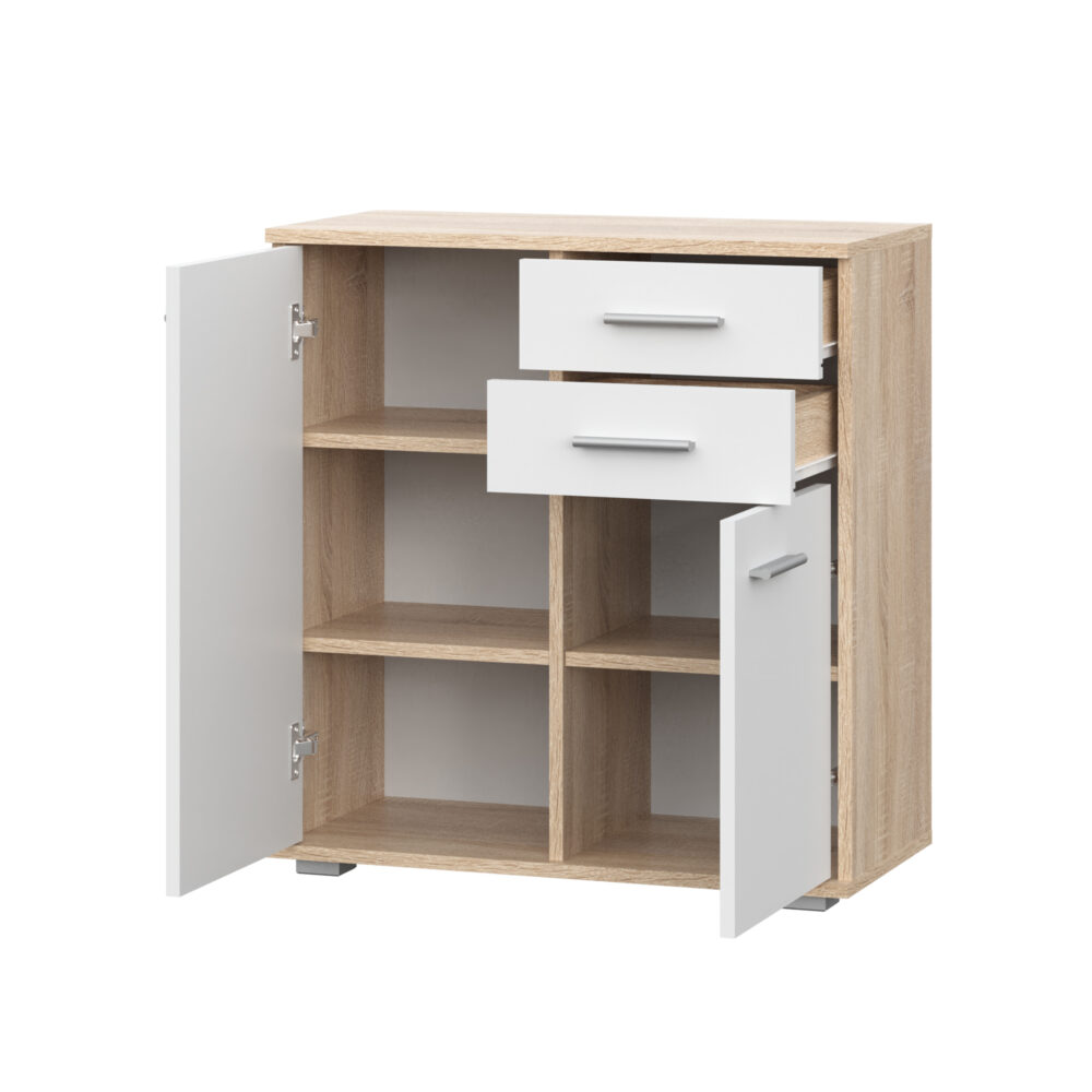Kommode FAUSKE - 2 Schubladen - 2 Türen - Sonoma-Eiche - Weiß - 69×74×34 cm – Bild 4