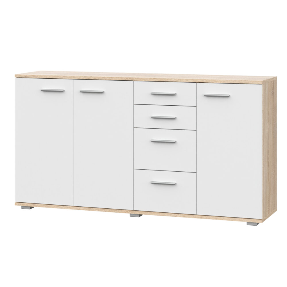 Kommode FAUSKE – 4 Schubladen – 3 Türen – Sonoma-Eiche/Weiß – 138×74×34 cm