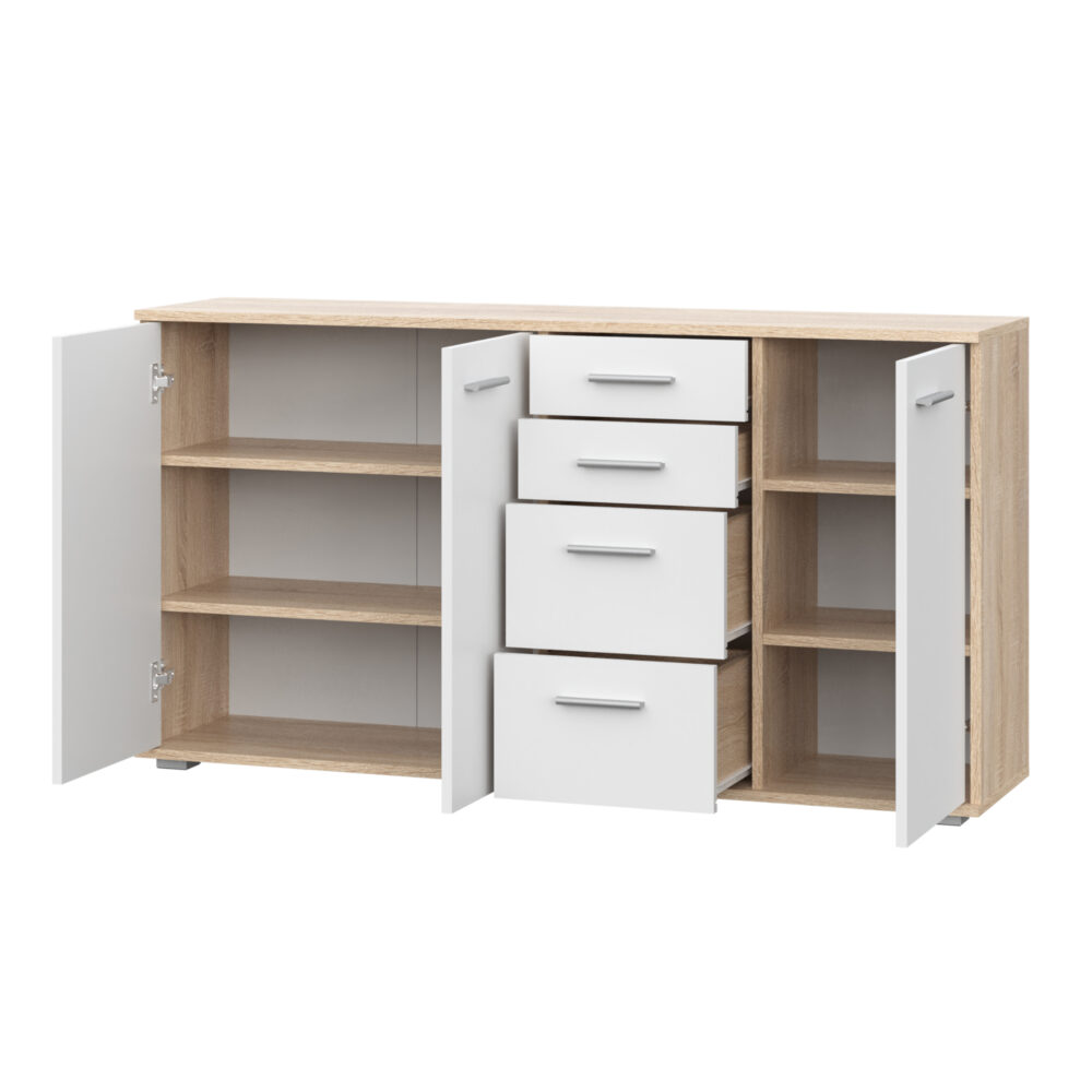 Kommode FAUSKE – 4 Schubladen – 3 Türen – Sonoma-Eiche/Weiß – 138×74×34 cm – Bild 4