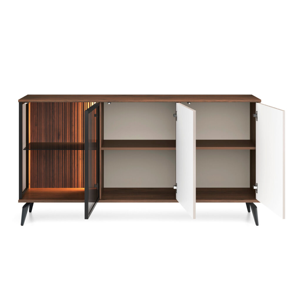 Kommode Dawson K154 – Nussbaum – Kaschmir – Verglast – LED-Beleuchtung – Breite 154 cm, Höhe 80 cm, Tiefe 39 cm – Bild 4