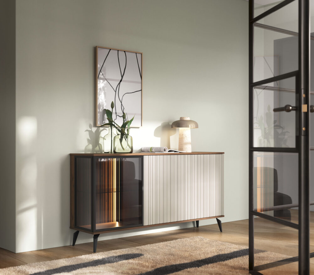 Kommode Dawson K154 – Nussbaum – Kaschmir – Verglast – LED-Beleuchtung – Breite 154 cm, Höhe 80 cm, Tiefe 39 cm – Bild 6