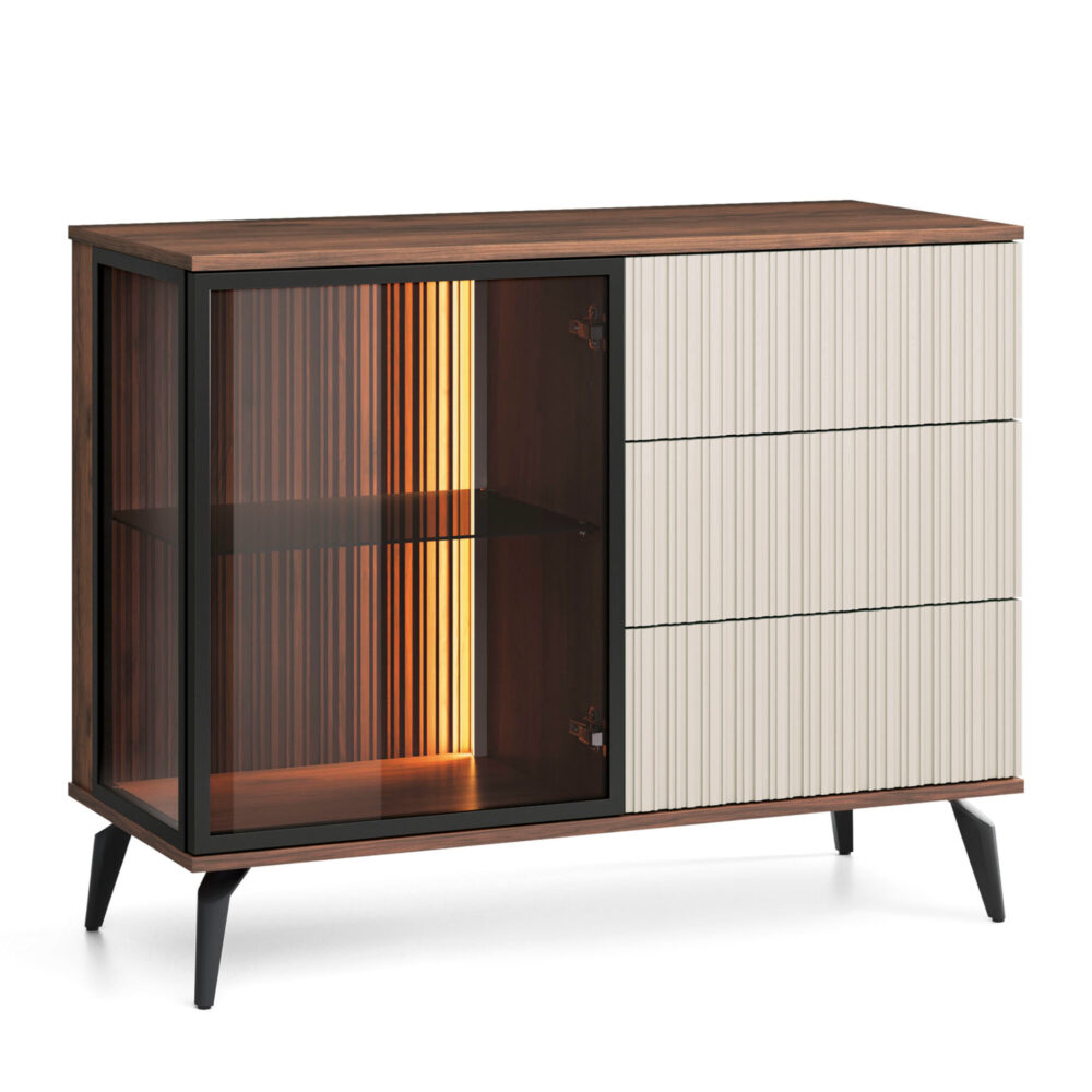Kommode Dawson KSZ103 – Nussbaum – Kaschmir – Verglast – LED-Beleuchtung – Breite 103 cm, Höhe 80 cm, Tiefe 39 cm