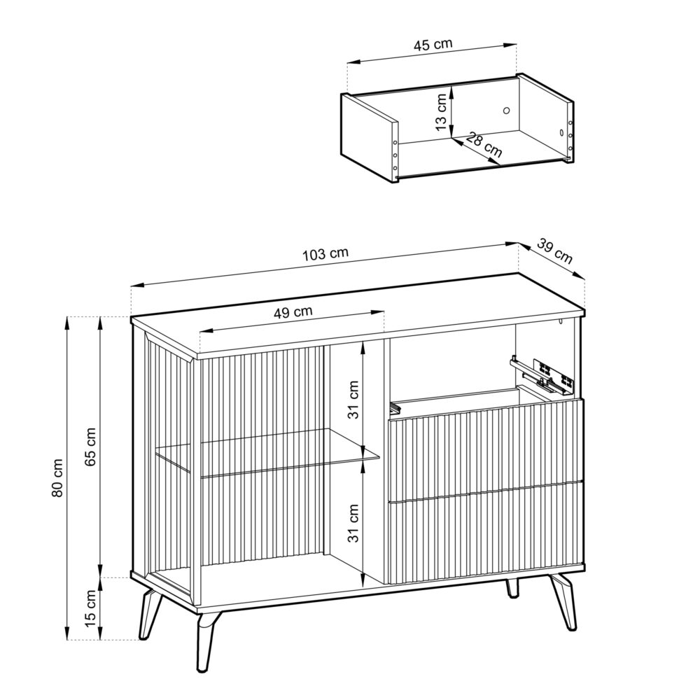 Kommode Dawson KSZ103 – Nussbaum – Kaschmir – Verglast – LED-Beleuchtung – Breite 103 cm, Höhe 80 cm, Tiefe 39 cm – Bild 3