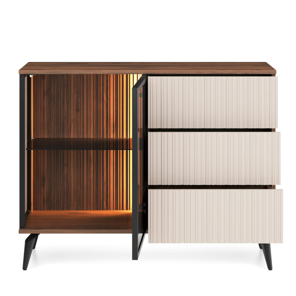 Kommode Dawson KSZ103 – Nussbaum – Kaschmir – Verglast – LED-Beleuchtung – Breite 103 cm, Höhe 80 cm, Tiefe 39 cm – Bild 4