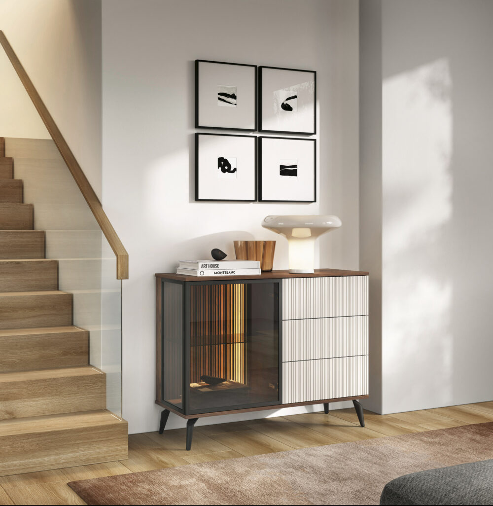 Kommode Dawson KSZ103 – Nussbaum – Kaschmir – Verglast – LED-Beleuchtung – Breite 103 cm, Höhe 80 cm, Tiefe 39 cm – Bild 6