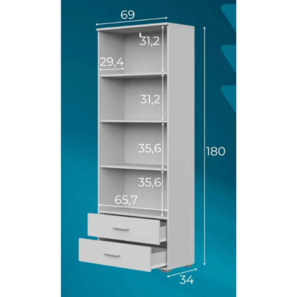 Regal Fauske - 2 Schubladen - Weiß - 69×180×34 Cm – Bild 3