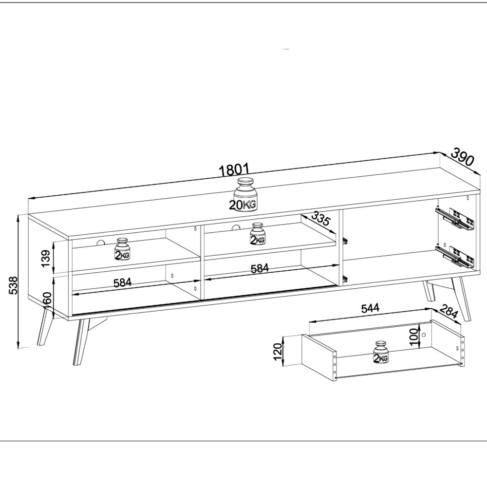 TV-Lowboard Estevan – Goldene Eiche – Verglast – 2 Schubladen – Breite 180 cm, Höhe 54 cm, Tiefe 39 cm – Bild 3