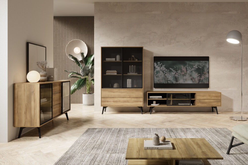 TV-Lowboard Estevan – Goldene Eiche – Verglast – 2 Schubladen – Breite 180 cm, Höhe 54 cm, Tiefe 39 cm – Bild 4