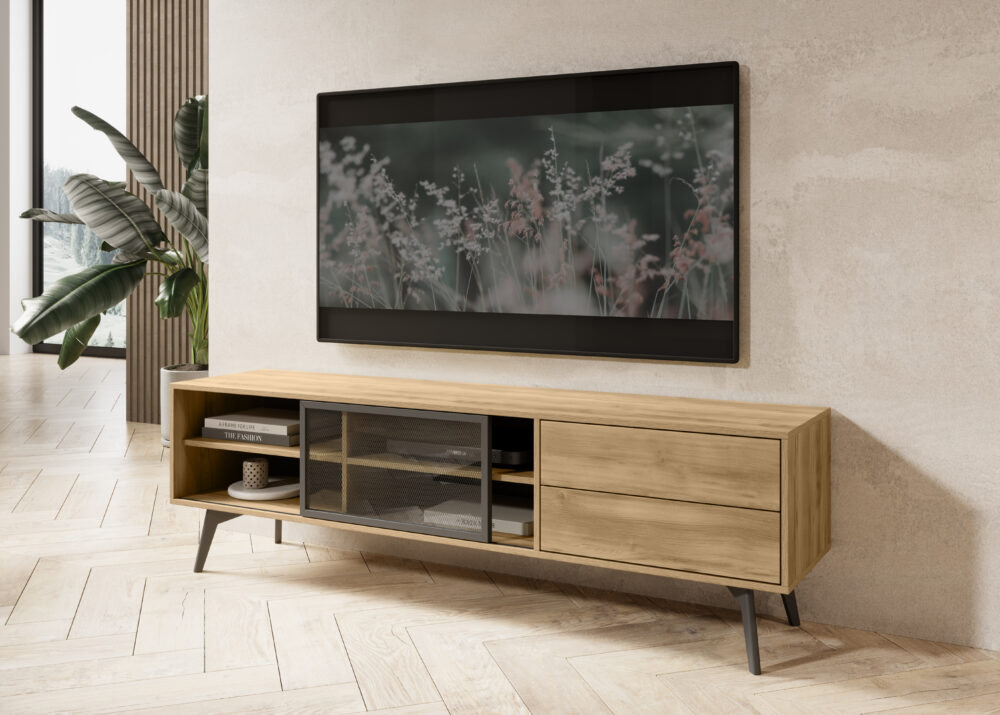 TV-Lowboard Estevan – Goldene Eiche – Verglast – 2 Schubladen – Breite 180 cm, Höhe 54 cm, Tiefe 39 cm – Bild 6