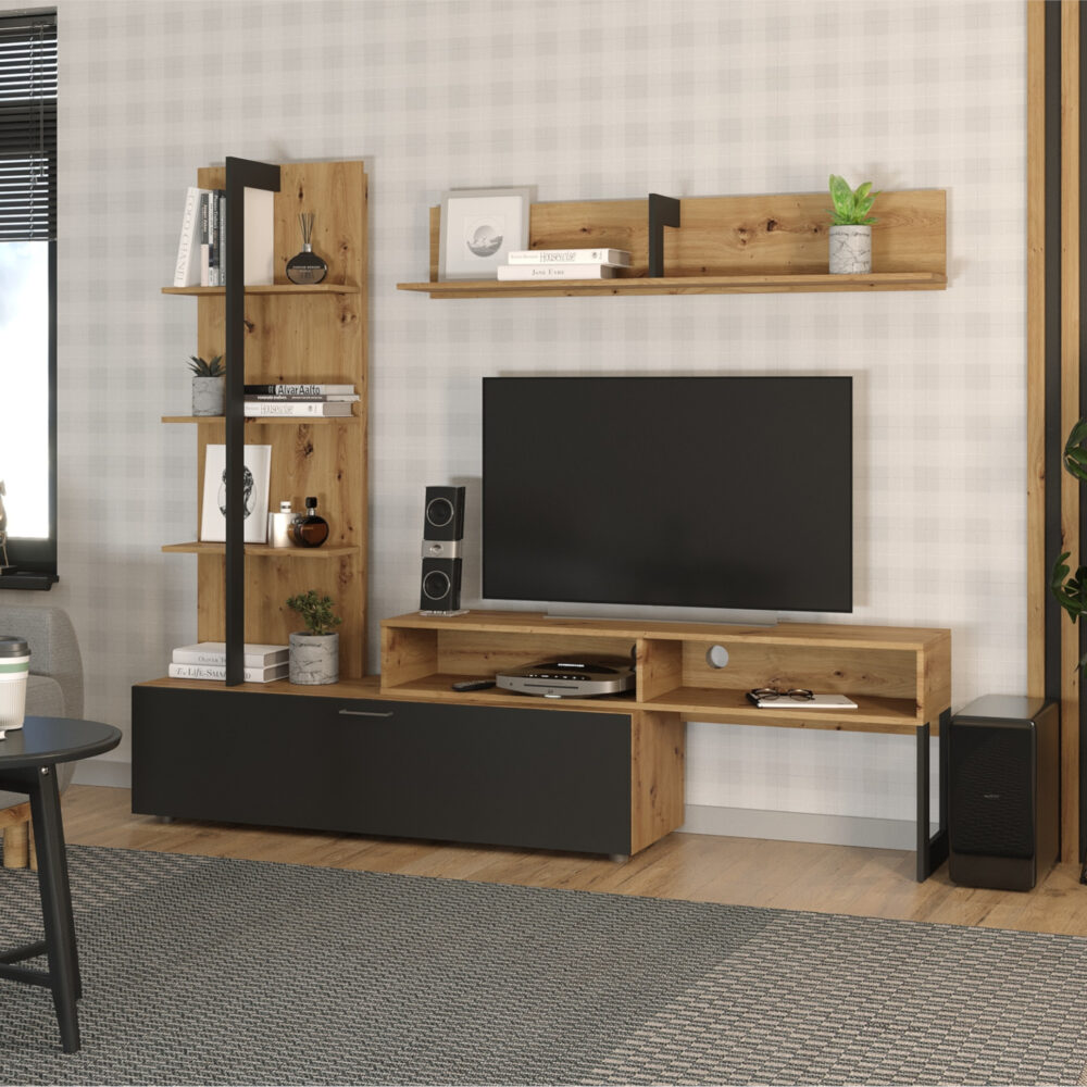 Wohnwand MOLDE – Eiche Wotan/Schwarz – 251×174×37 cm – Bild 2