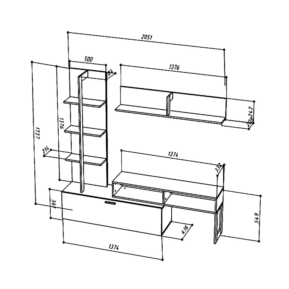 Wohnwand MOLDE – Eiche Wotan/Schwarz – 251×174×37 cm – Bild 3