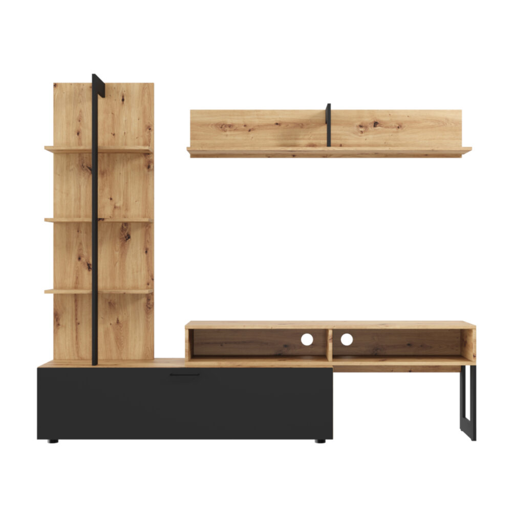 Wohnwand MOLDE – Eiche Wotan/Schwarz – 251×174×37 cm – Bild 4