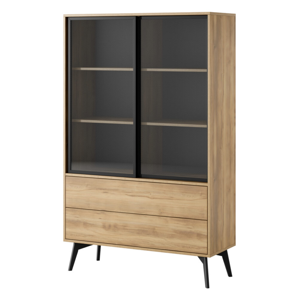 Hochschrank Estevan – Goldene Eiche – Verglast – 2 Schubladen – Breite 100 cm, Höhe 165 cm, Tiefe 39 cm – Bild 1