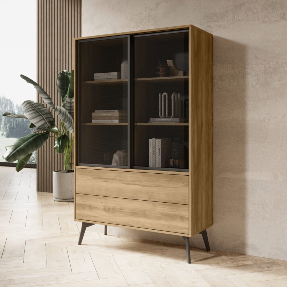 Hochschrank Estevan – Goldene Eiche – Verglast – 2 Schubladen – Breite 100 cm, Höhe 165 cm, Tiefe 39 cm – Bild 2