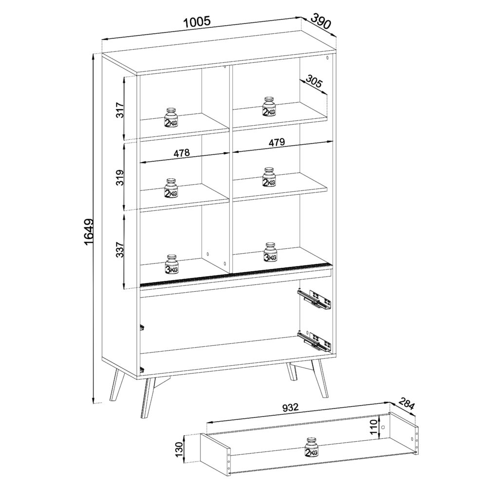 Hochschrank Estevan – Goldene Eiche – Verglast – 2 Schubladen – Breite 100 cm, Höhe 165 cm, Tiefe 39 cm – Bild 3