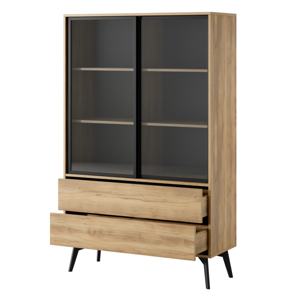 Hochschrank Estevan – Goldene Eiche – Verglast – 2 Schubladen – Breite 100 cm, Höhe 165 cm, Tiefe 39 cm – Bild 4
