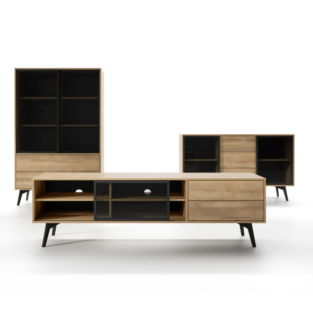 Hochschrank Estevan – Goldene Eiche – Verglast – 2 Schubladen – Breite 100 cm, Höhe 165 cm, Tiefe 39 cm – Bild 6