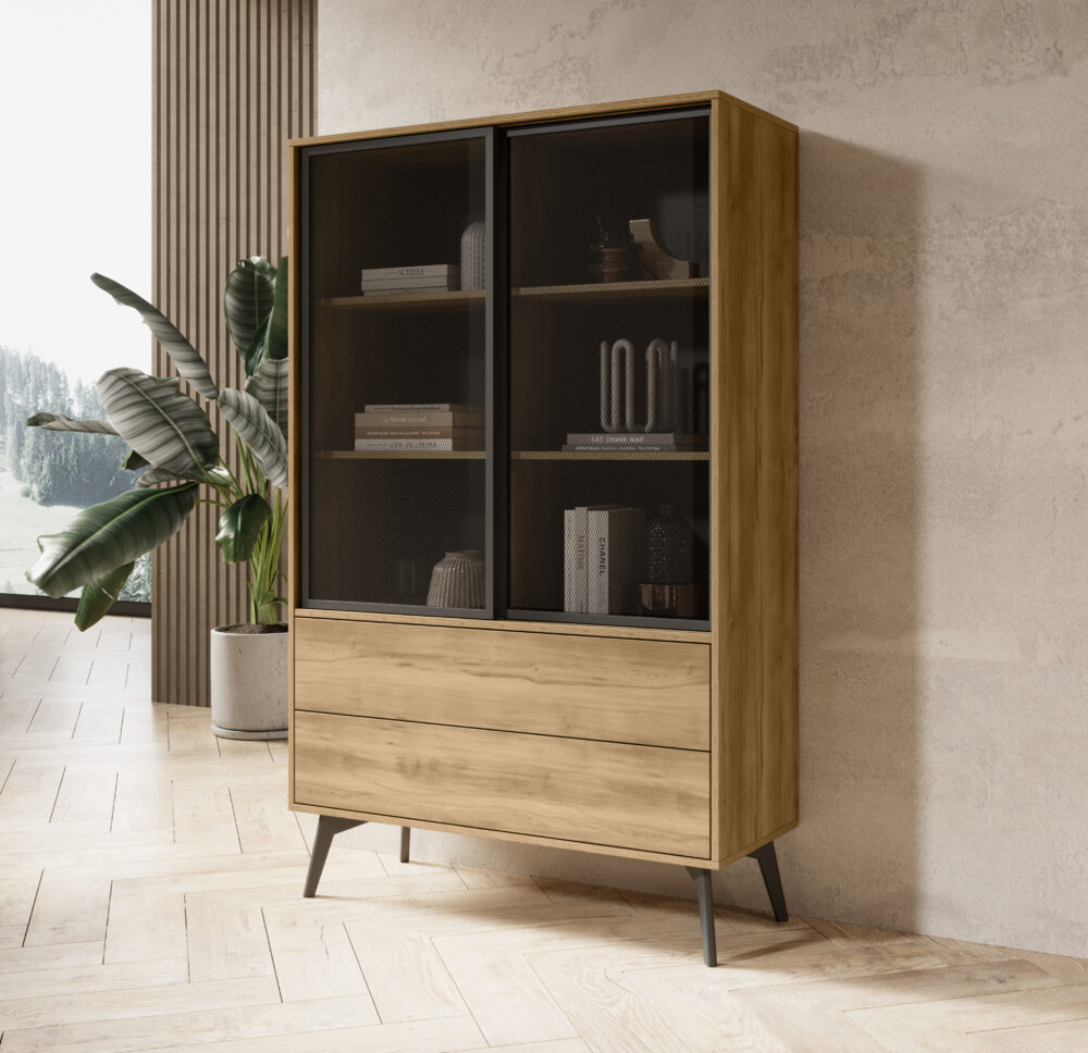 Hochschrank Estevan – Goldene Eiche – Verglast – 2 Schubladen – Breite 100 cm, Höhe 165 cm, Tiefe 39 cm – Bild 7