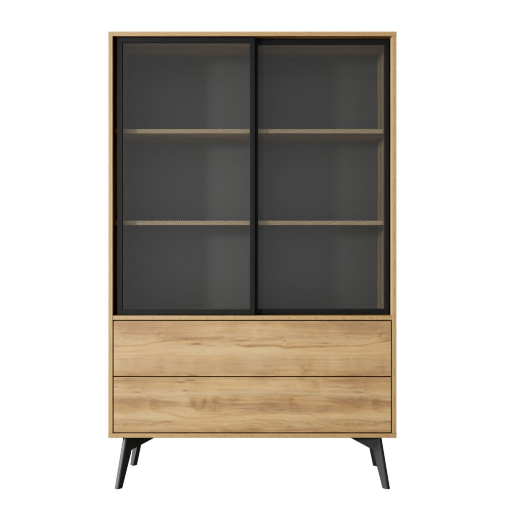 Hochschrank Estevan – Goldene Eiche – Verglast – 2 Schubladen – Breite 100 cm, Höhe 165 cm, Tiefe 39 cm – Bild 8