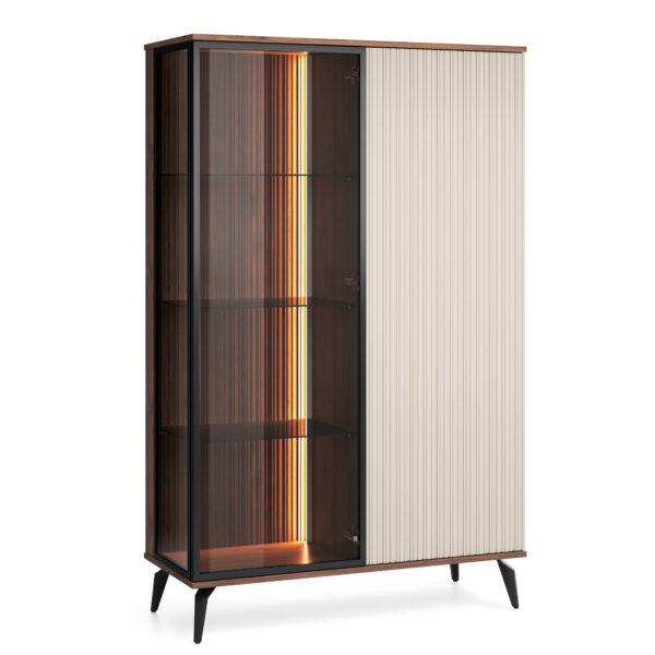 Hochschrank Dawson – Nussbaum – Kaschmir – Verglast – LED-Beleuchtung – Breite 103 cm, Höhe 162 cm, Tiefe 39 cm